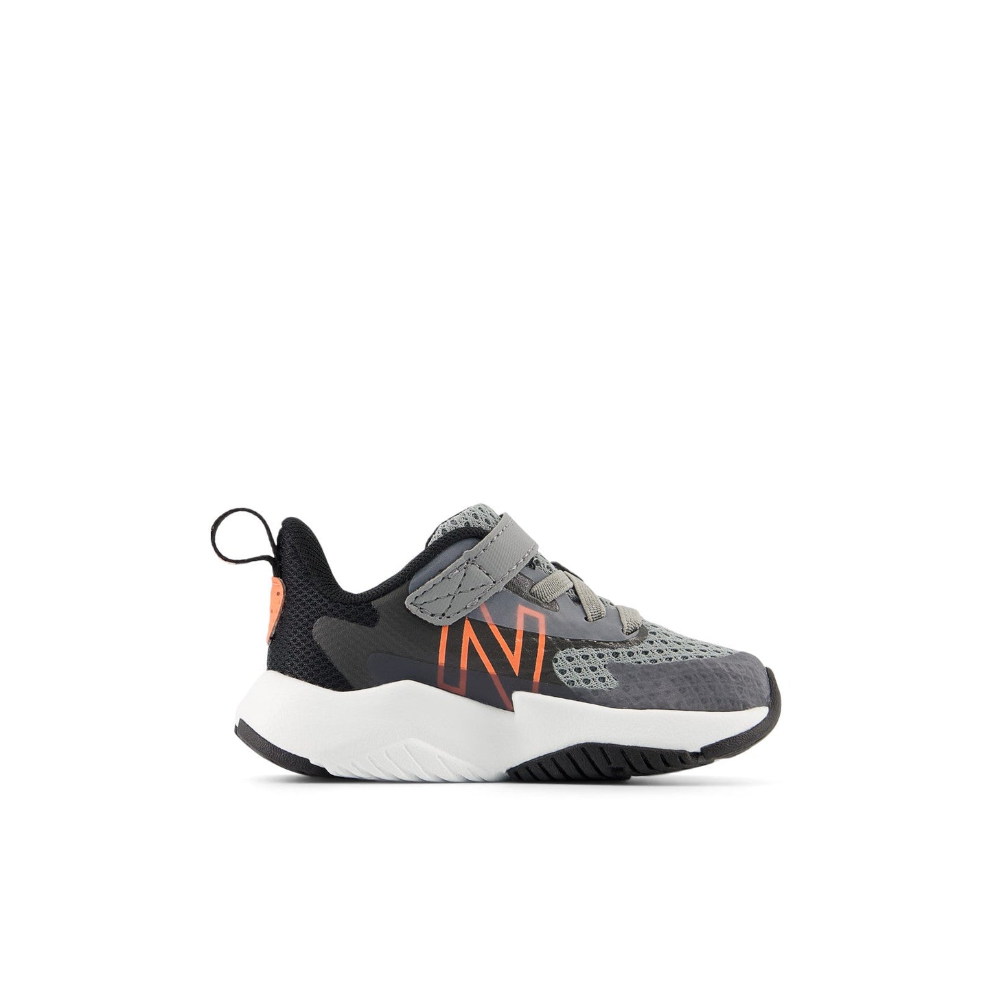 New Balance Kid's Rave Run v2 Bungee Lace with Top Strap in Slate Grey with Black and Tangerine Heat