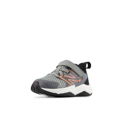 New Balance Kid's Rave Run v2 Bungee Lace with Top Strap in Slate Grey with Black and Tangerine Heat