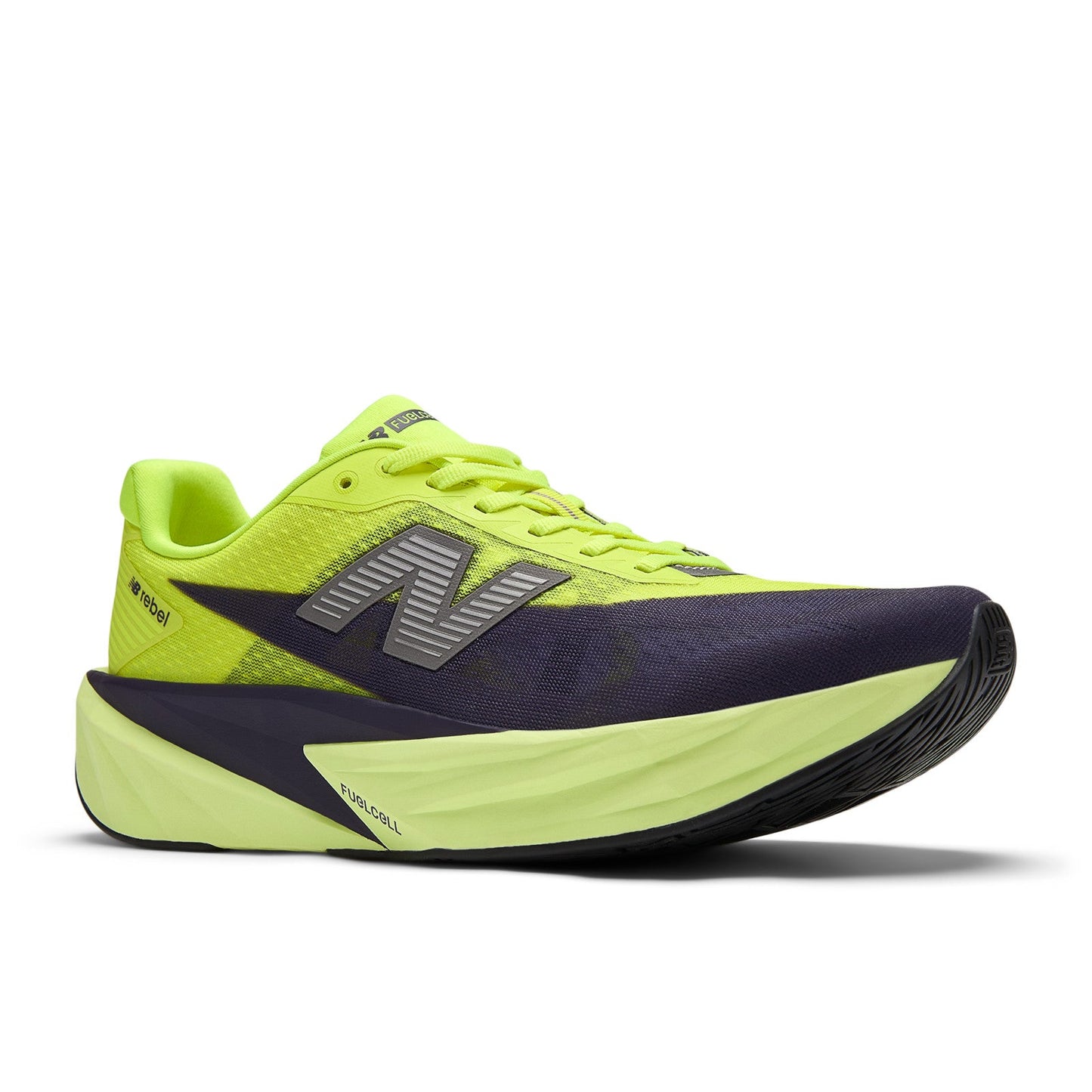 New Balance Men's FuelCell Rebel v5 in Alkaline Green with Boysenberry and Dark Silver Metallic