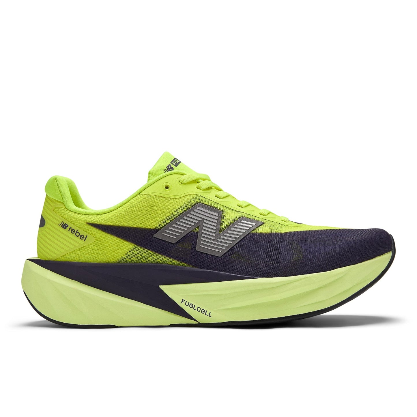 New Balance Men's FuelCell Rebel v5 in Alkaline Green with Boysenberry and Dark Silver Metallic