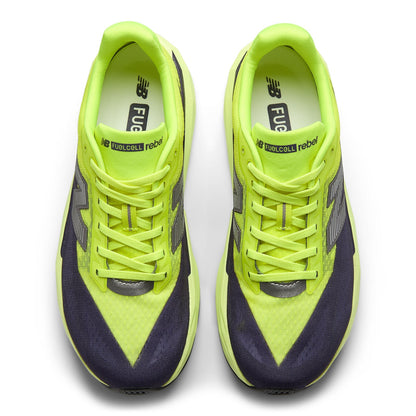 New Balance Men's FuelCell Rebel v5 in Alkaline Green with Boysenberry and Dark Silver Metallic