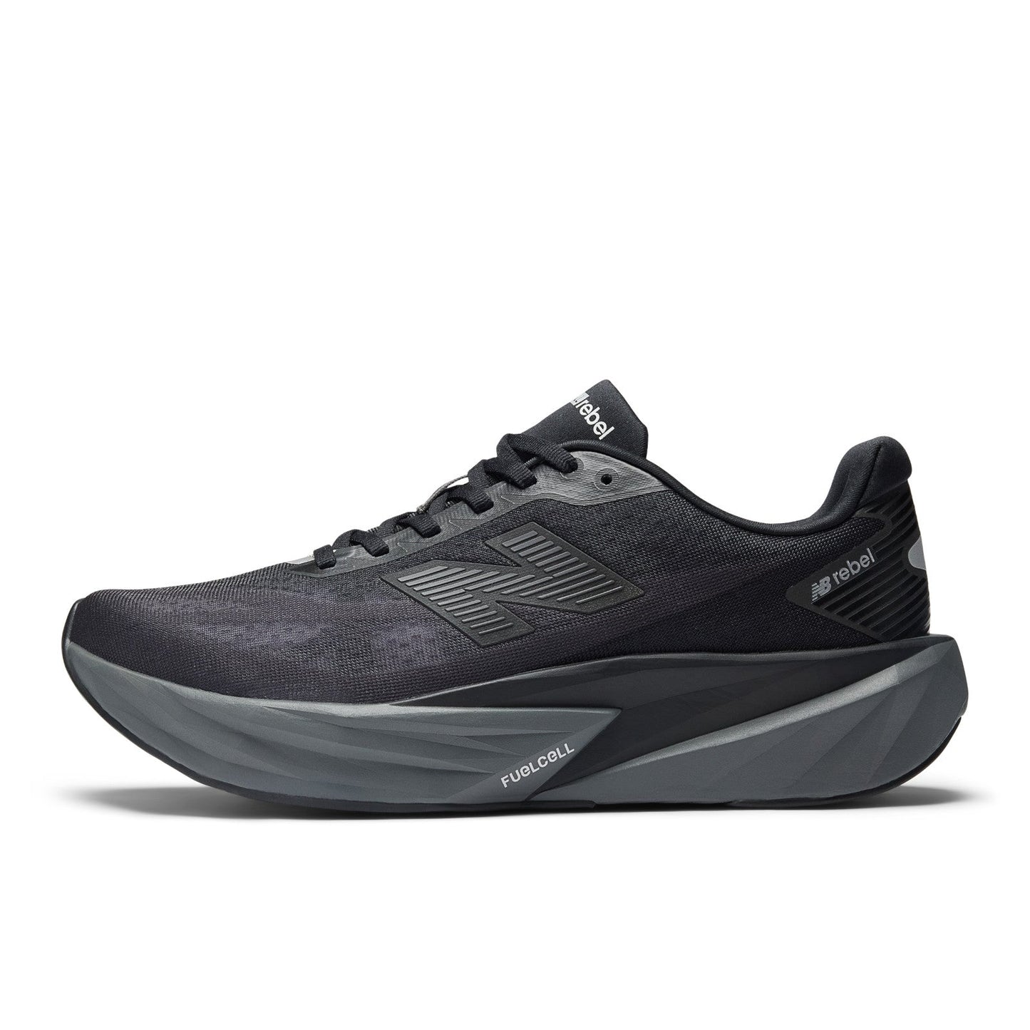 New Balance Men's FuelCell Rebel v5 in Black with Castlerock and Silver Metallic