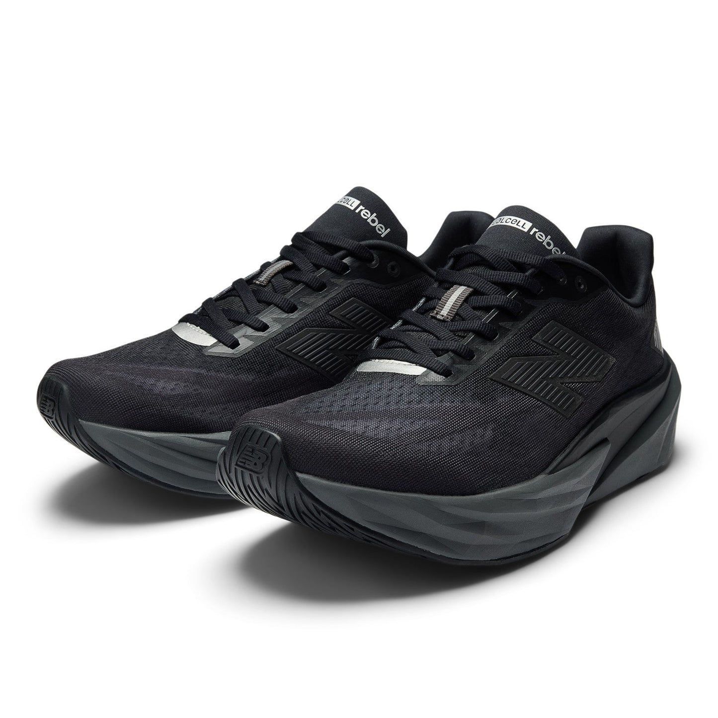 New Balance Men's FuelCell Rebel v5 in Black with Castlerock and Silver Metallic