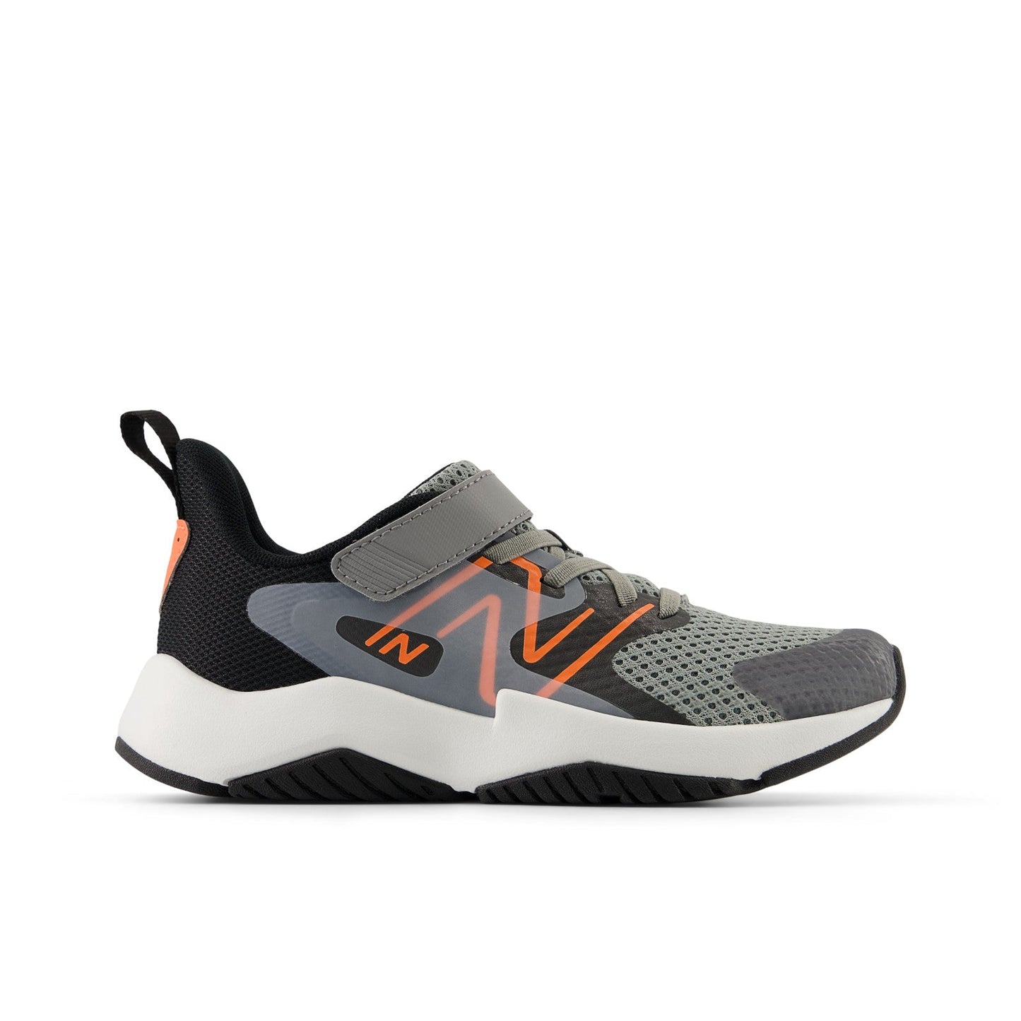 New Balance Kid's Rave Run v2 Bungee Lace with Top Strap in Slate Grey with Black and Tangerine Heat