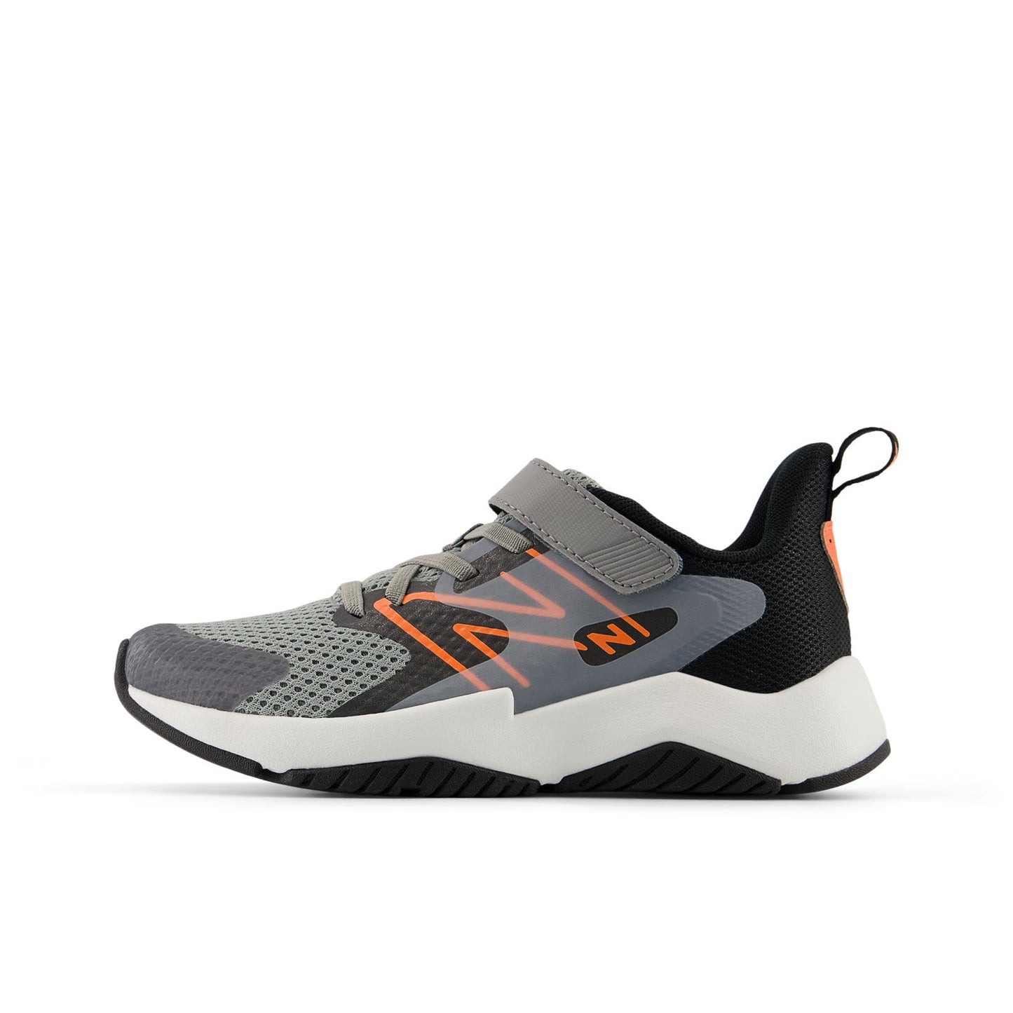 New Balance Kid's Rave Run v2 Bungee Lace with Top Strap in Slate Grey with Black and Tangerine Heat