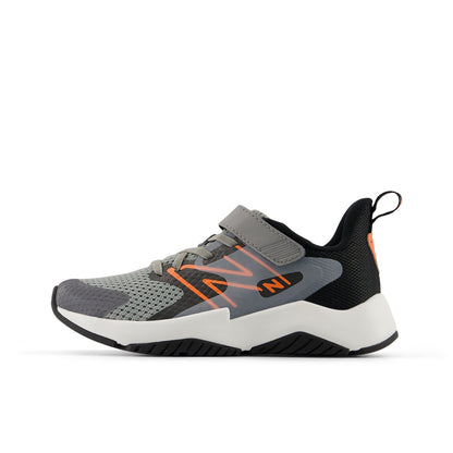New Balance Kid's Rave Run v2 Bungee Lace with Top Strap in Slate Grey with Black and Tangerine Heat