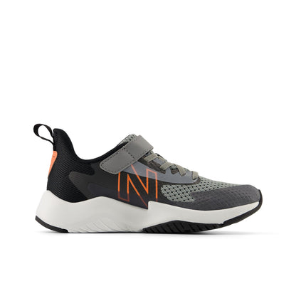 New Balance Kid's Rave Run v2 Bungee Lace with Top Strap in Slate Grey with Black and Tangerine Heat