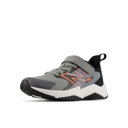 New Balance Kid's Rave Run v2 Bungee Lace with Top Strap in Slate Grey with Black and Tangerine Heat