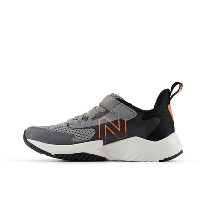 New Balance Kid's Rave Run v2 Bungee Lace with Top Strap in Slate Grey with Black and Tangerine Heat