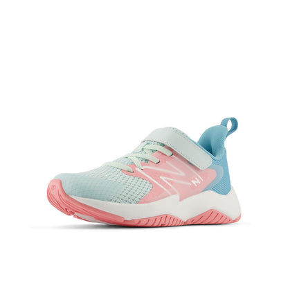 New Balance Kid's Rave Run v2 Bungee Lace with Top Strap in Glint Blue with Double Bubble and Taffy Blue