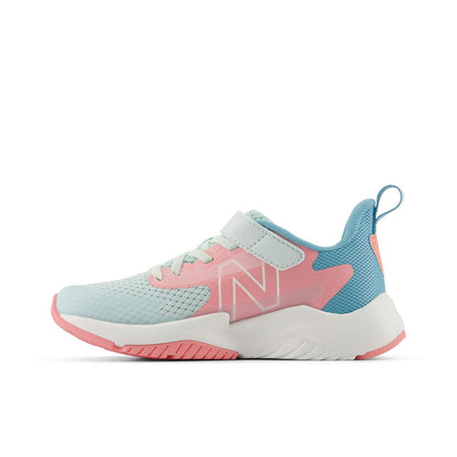 New Balance Kid's Rave Run v2 Bungee Lace with Top Strap in Glint Blue with Double Bubble and Taffy Blue