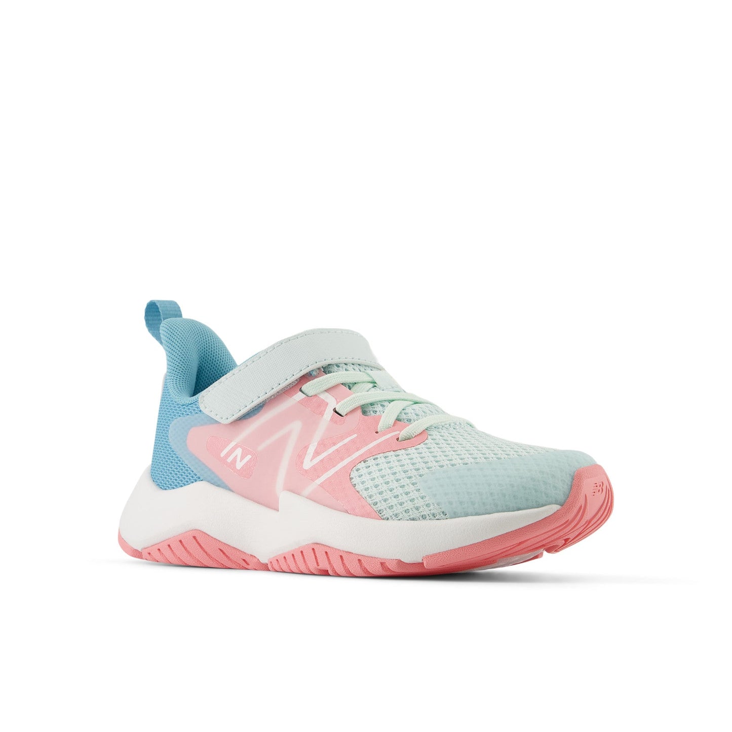 New Balance Kid's Rave Run v2 Bungee Lace with Top Strap in Glint Blue with Double Bubble and Taffy Blue